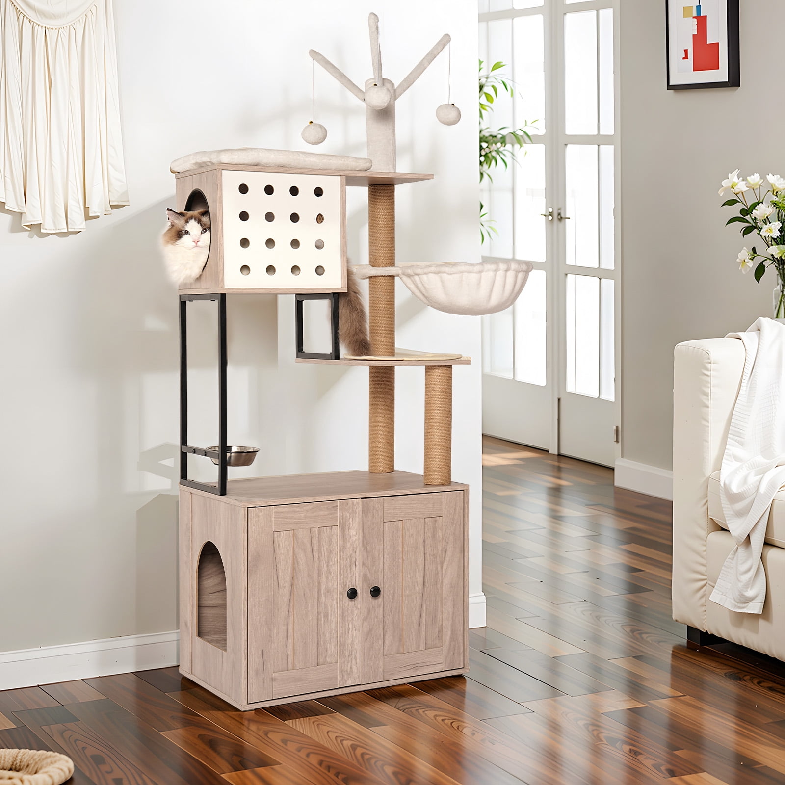 Cat Tree with Litter Box Enclosure, Modern 3-Tier Cat Tower Condo with Scratching Posts, Feeding Bowl and Removable Toys, Space-Saving Cat Furniture for Indoor Cats, Gray White
