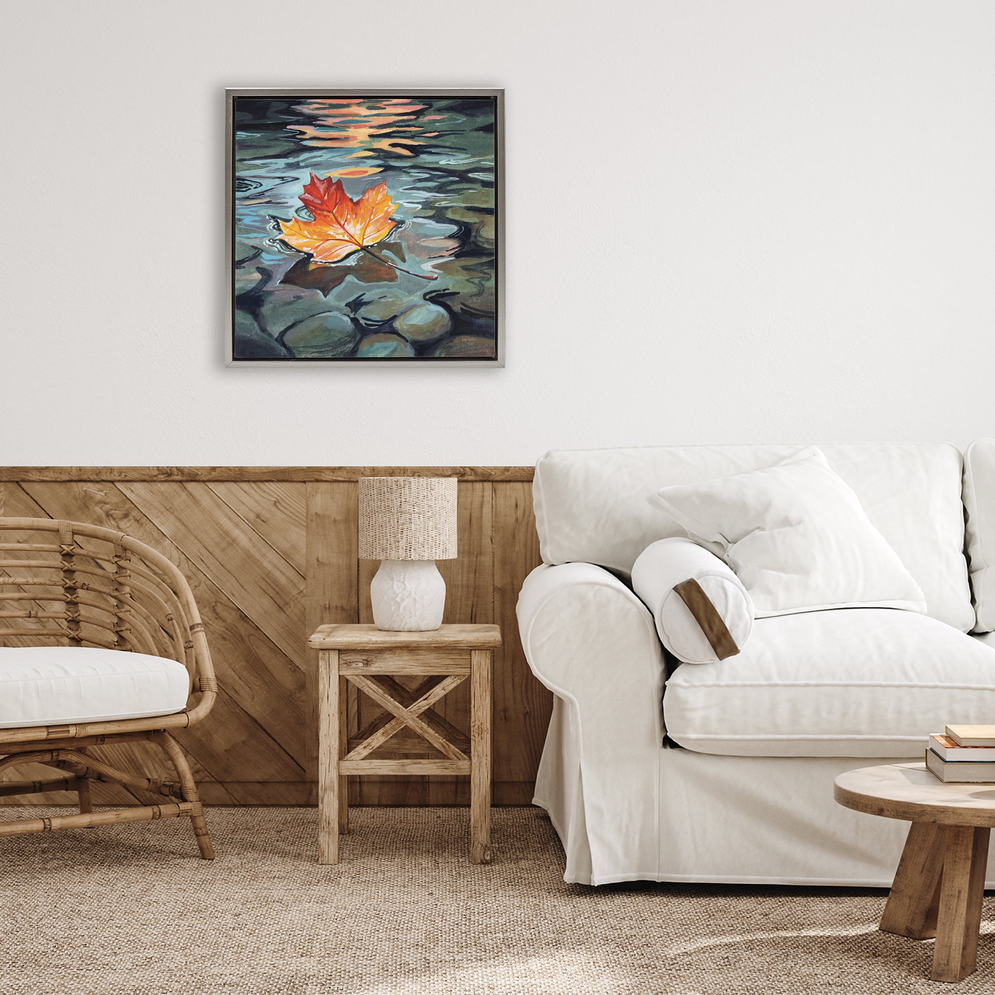Stupell Industries Maple Leaf Floating in Stream Gray Framed Floater Canvas Wall Art, design by Kate Jarvik Birch