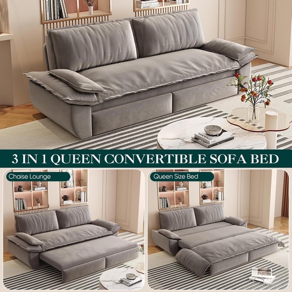 Timbernest Pull Out Sofa Bed, 3 in 1 Convertible Sleeper Sofa, 73.2" Queen Size Velvet Couch Bed with 2 Pillows, Gray