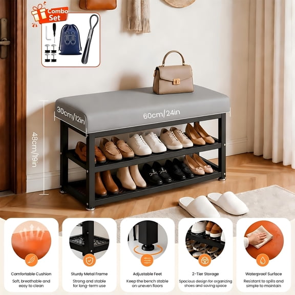 23.62inch shoe bench with comfortable seat cushion, double-layer storage rack, durable metal bracket, suitable for multifunctional storage furniture in family living rooms and bedrooms