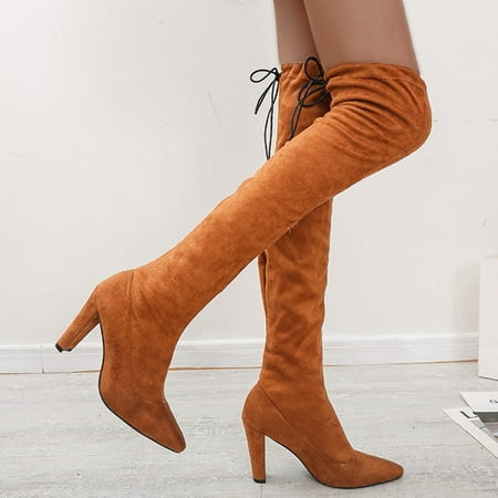 Herrnalise Women s Fashion Casual Pointed Toe Long Knee High Boots Square Heels Shoes Sales !