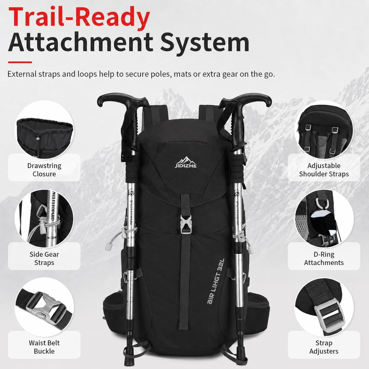 JIDIZHE 32L Hiking Backpack with Internal Frame and Rain Cover, Lightweight Pack Equipped with Adjustable Chest Strap, Breathable Unisex Daypack for Hiking, Camping and Travel，Black