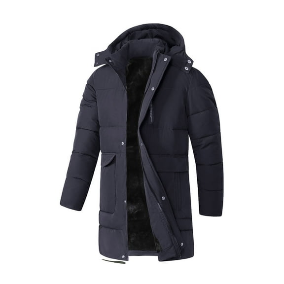 Men's Long Puffer Jacket Thicken Long Sleeved Parka Waterproof Winter Coat Insulated Outerwear with Removable Hood Blue XL