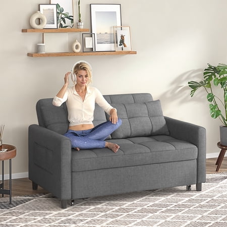 Asofer 3-in-1 Convertible Sofa Bed,Linen Sleeper with Pull-Out Bed, Recliner & Side Pocket for Living Room, Apartment, Dorm, Office,Dark Gray