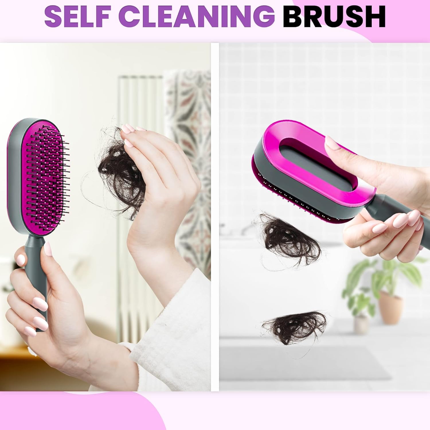 Self Cleaning Hair brushes for Women, Kids - Hair Brush for Curly, Thick, Straight, Thin, Wet or Dry Hair - Detangling Brush and Scalp Massager - Detangler Brush Comb Pain Free (Purple)