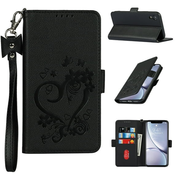Allytech for iPhone Xr Case 6.1 inch 2018, Embossed Floral Premium PU Leather Flip Kickstand Magnetic Closure Credit Card Slots Removable Hand Strap Lanyard Cover for iPhone XR, Black