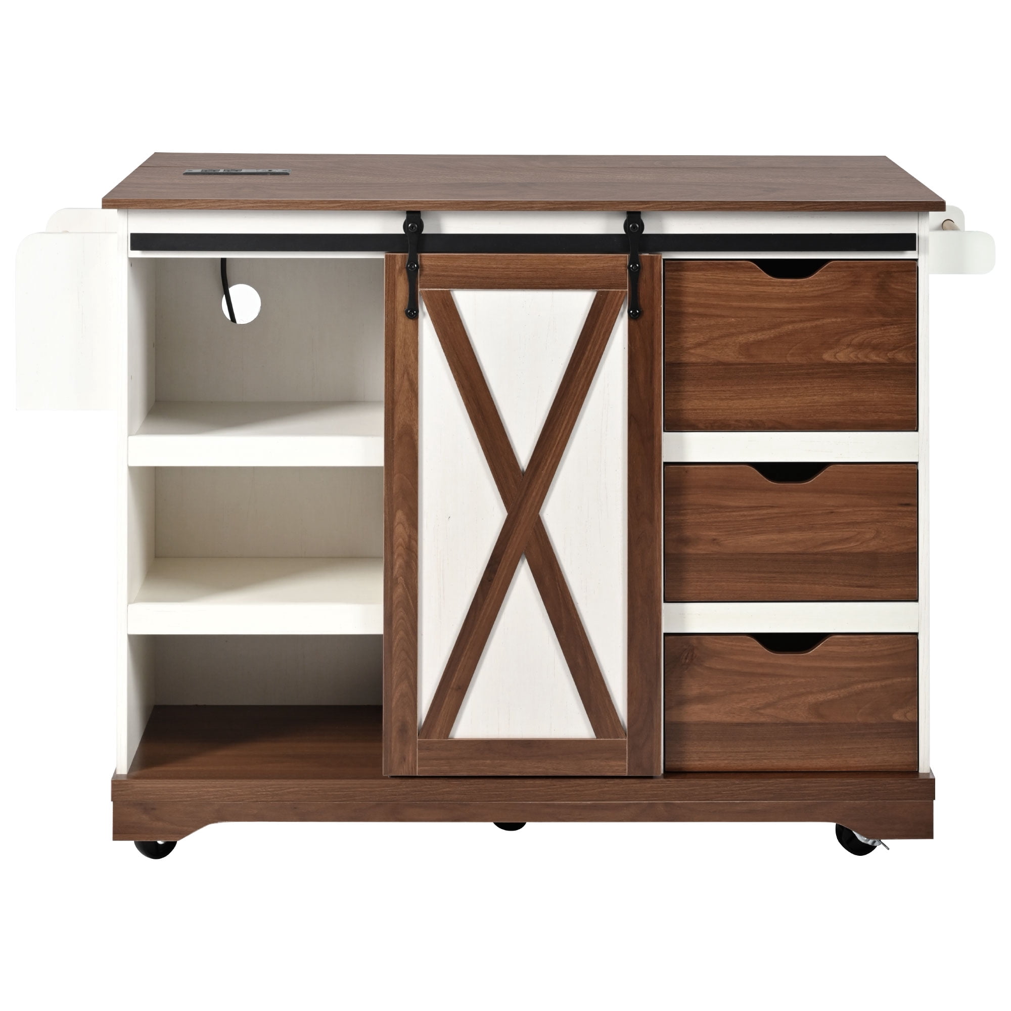 Homy Casa 55.5" Farmhouse Kitchen Island with Drop Leaf, Power Outlets, 3 Drawers, Shelves & Spice Rack