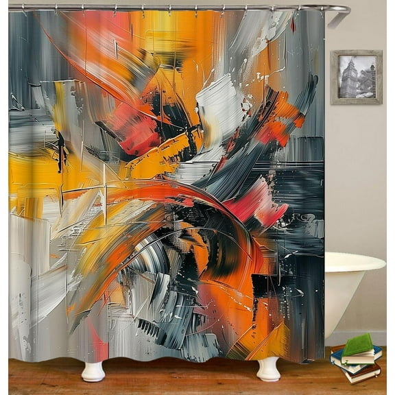 Colorful Shower Curtain, Abstract Futurist Painting Print Grunge Details,Cloth Fabric Bathroom Decor Set with Hooks,Orange Grey-60"W x 72"L (Pack of 1)