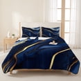 thumbnail image 3 of Twin XL Quilt Set 68''x98'', Marble Navy Blue Lightweight Bedspread Coverlet Set with 2 Pillow Shams, Modern Golden Ombre Retro Fluid Art Breathable All Season Quilt Bedding for Dorm/Guest Room, 3 of 9