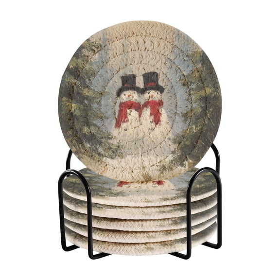 6 Pcs Drink Coasters with Holder 3.94in Woven Coasters for Drinks Moody Snowman Couple Coaster Set for Protection Table