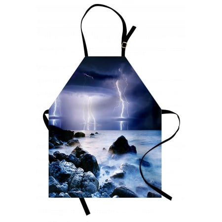 Nature Apron Summer Storm Flashes over the Rocks in Ocean Nightmare Theme Weather Nature Image, Unisex Kitchen Bib Apron with Adjustable Neck for Cooking Baking Gardening, Purple Grey, by