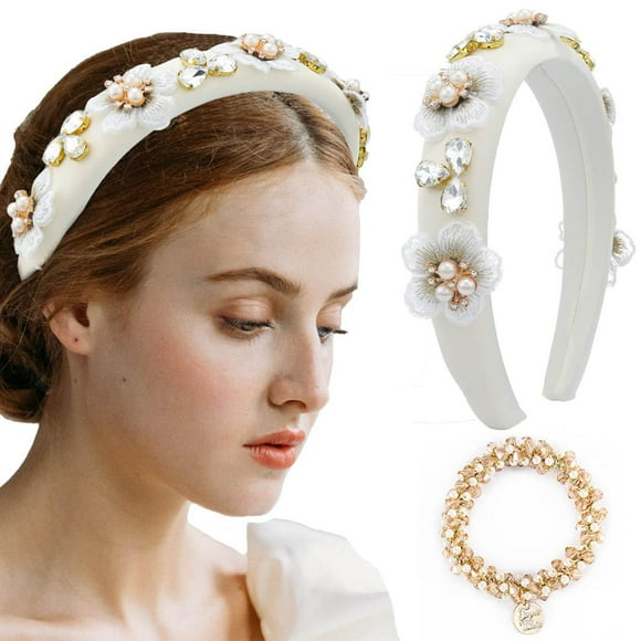 White Wide Headbands for Holiday Soft Padded Hairbands Floral Head Bands Crystal Pearl Rhinestone Head Piece Daily Hair Bands for women white