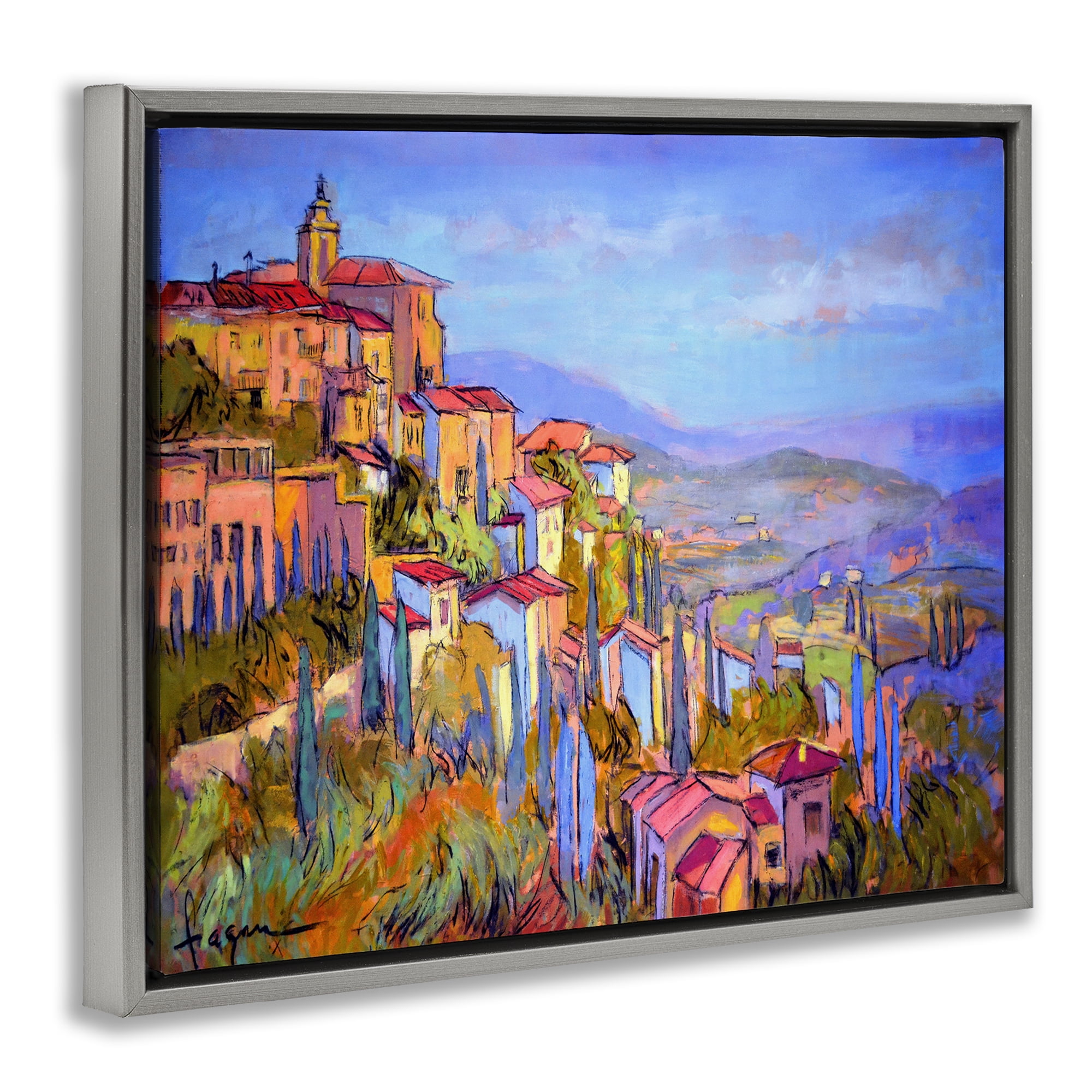 Stupell Industries Blue Shadowed Cityscape Landscape & Nature Painting Gray Floater Framed Canvas Art Print Wall Art, 31 x 25