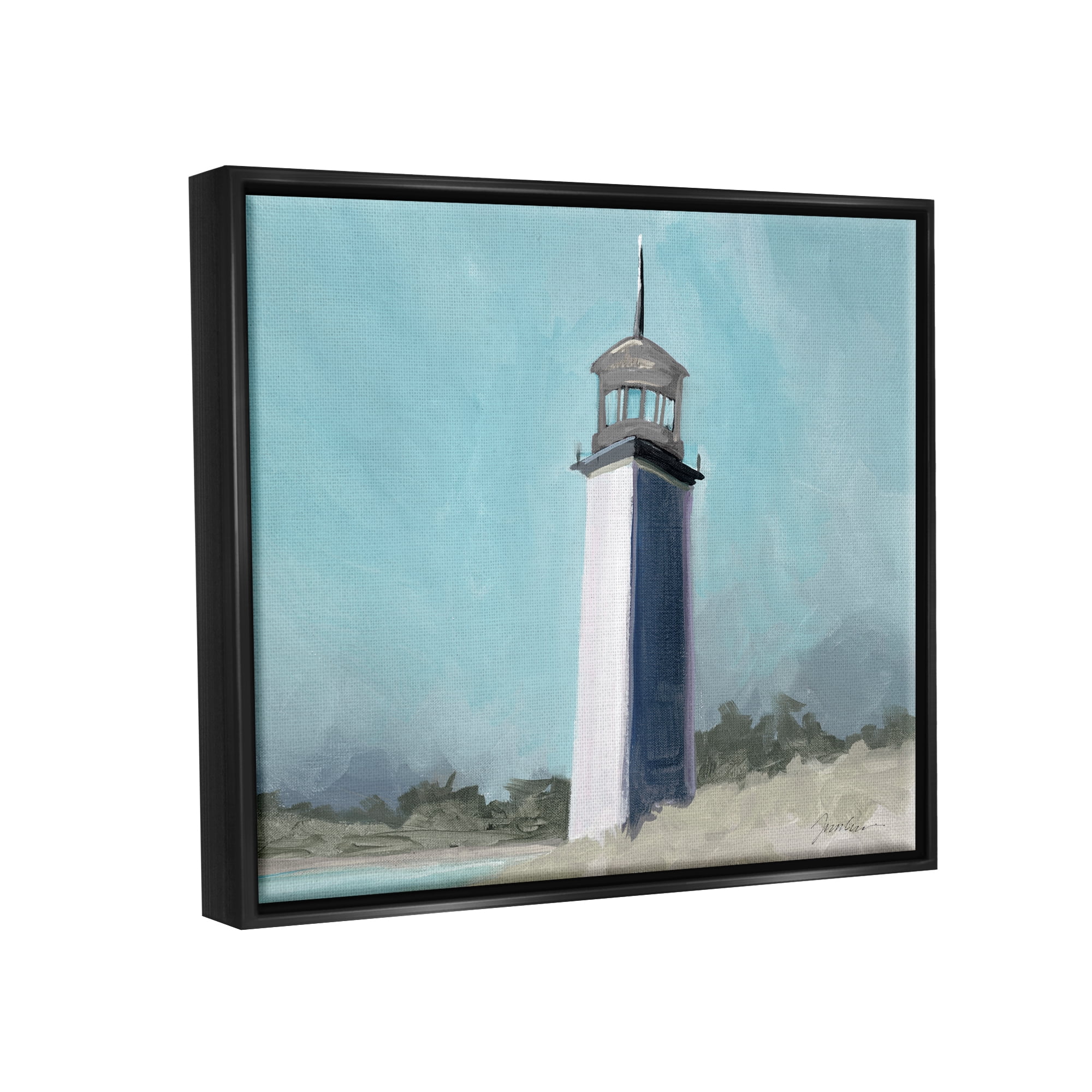 Stupell Industries Muted Lighthouse Landscape Nature Painting Black Floater Framed Art Print Wall Art, 21 x 17