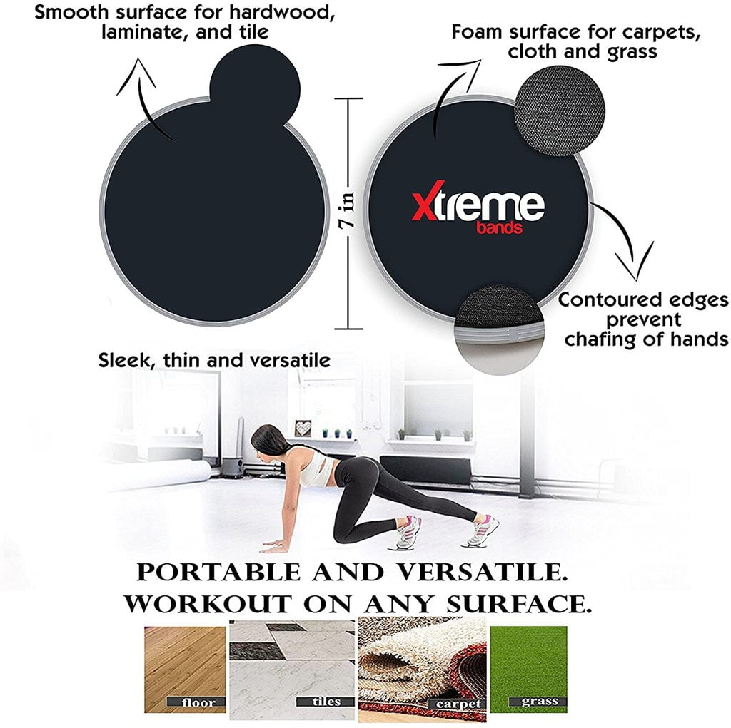 Xtreme Bands | Resistance Bands & Core Exercise Sliders Set | 6 Durable Non-Slip Latex Bands (x-Light –xx- Heavy) with 2 Dual-Sided Abs Glider Workout Discs | Includes Black Carry Case