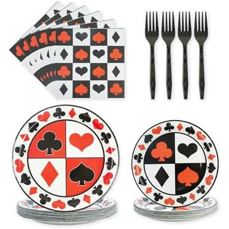 96PCS Casino Party Paper Plates and Napkins - Poker Theme Disposable Tableware Set Include Paper Plates Napkins and Forks Decoration Party Supplies for Casino Las Vegas Game Night Birthday