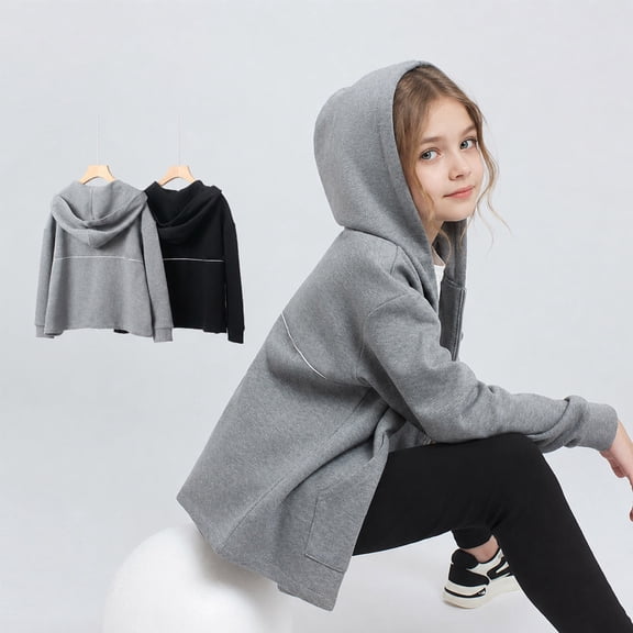 Girls' Jackets Solid Print Pocket Hooded Long Sleeve Zipper Jacket for Everyday Wear Black 5 Years-6 Years