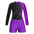 thumbnail image 3 of renvena Girls Gymnastics Leotards and Shorts Set Rhinestone Long Sleeve Ballet Unitard Biketards Purple 6, 3 of 5
