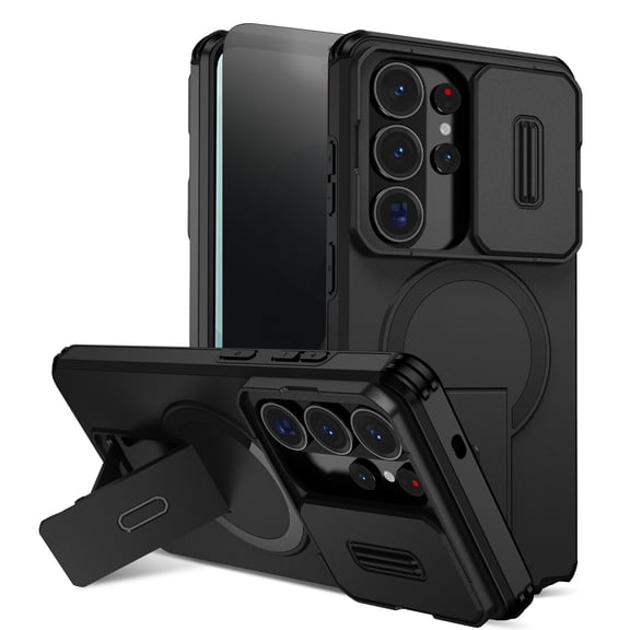 ELEHOLD Magnetic Case For Samsung Galaxy S26 Ultra With Privacy Screen Protector, Shockproof Foldable Kickstand Rugged PC TPU Case Sliding Camera Cover , Black