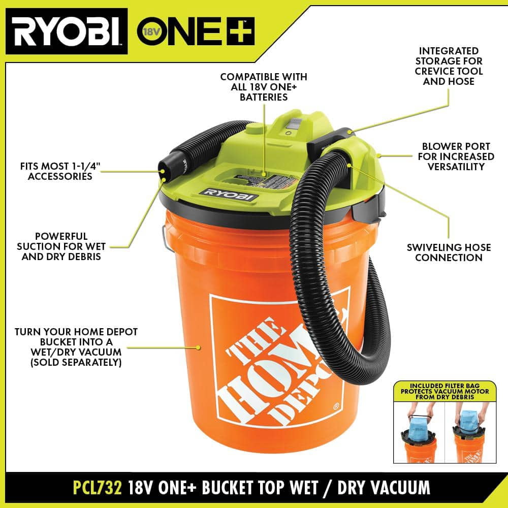 ONE+ 18V Cordless 5 Gal. Bucket Top Wet/Dry Vacuum (Tool Only) with 1/4 in. Hose and Crevice Tool