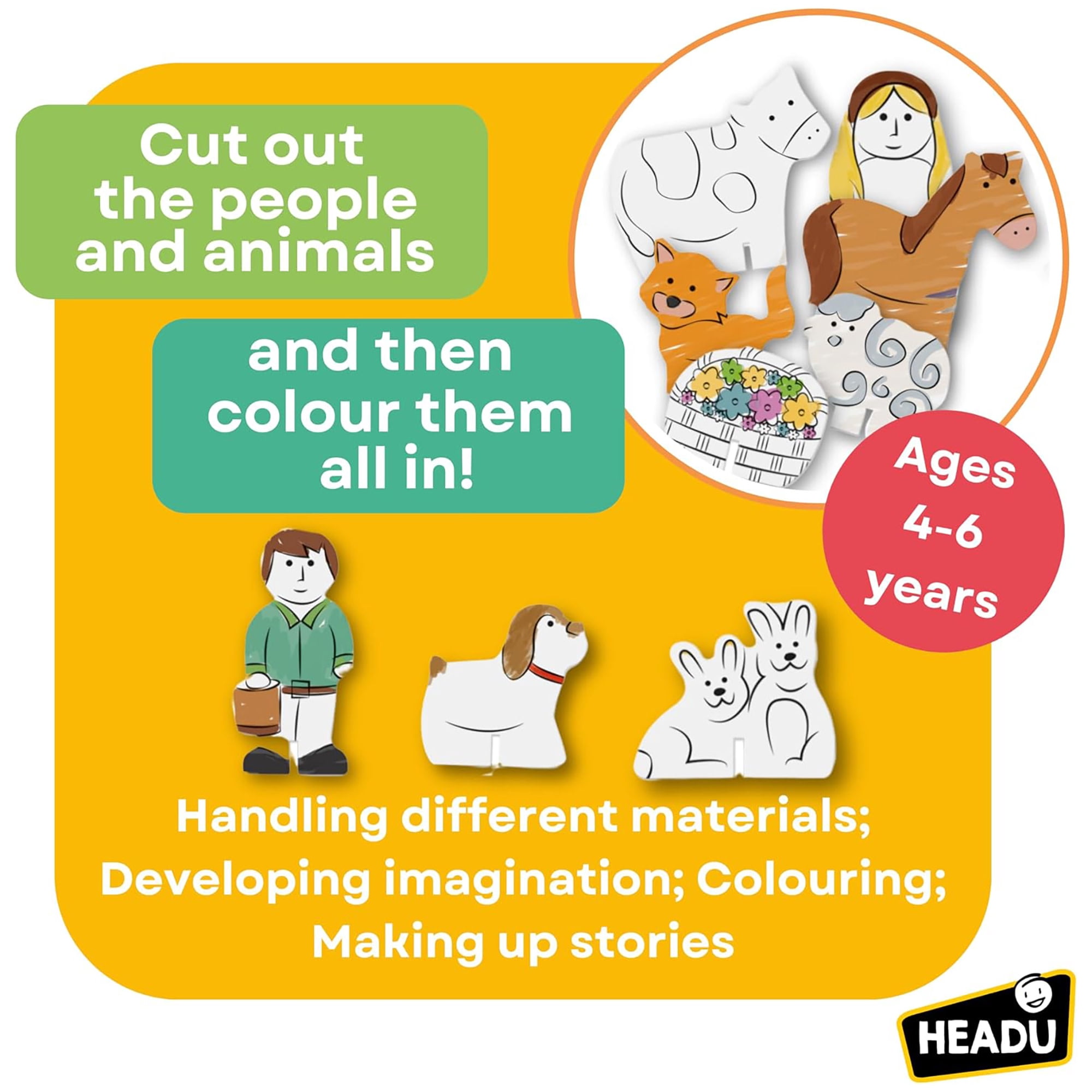 Headu: My First Creative Farm - Build-Color-Decorate a 3D Farm Scene, Barn-Animals-Farmers Cut-Out Pieces, DIY Tactile Storytelling Crafting, Kids 4+