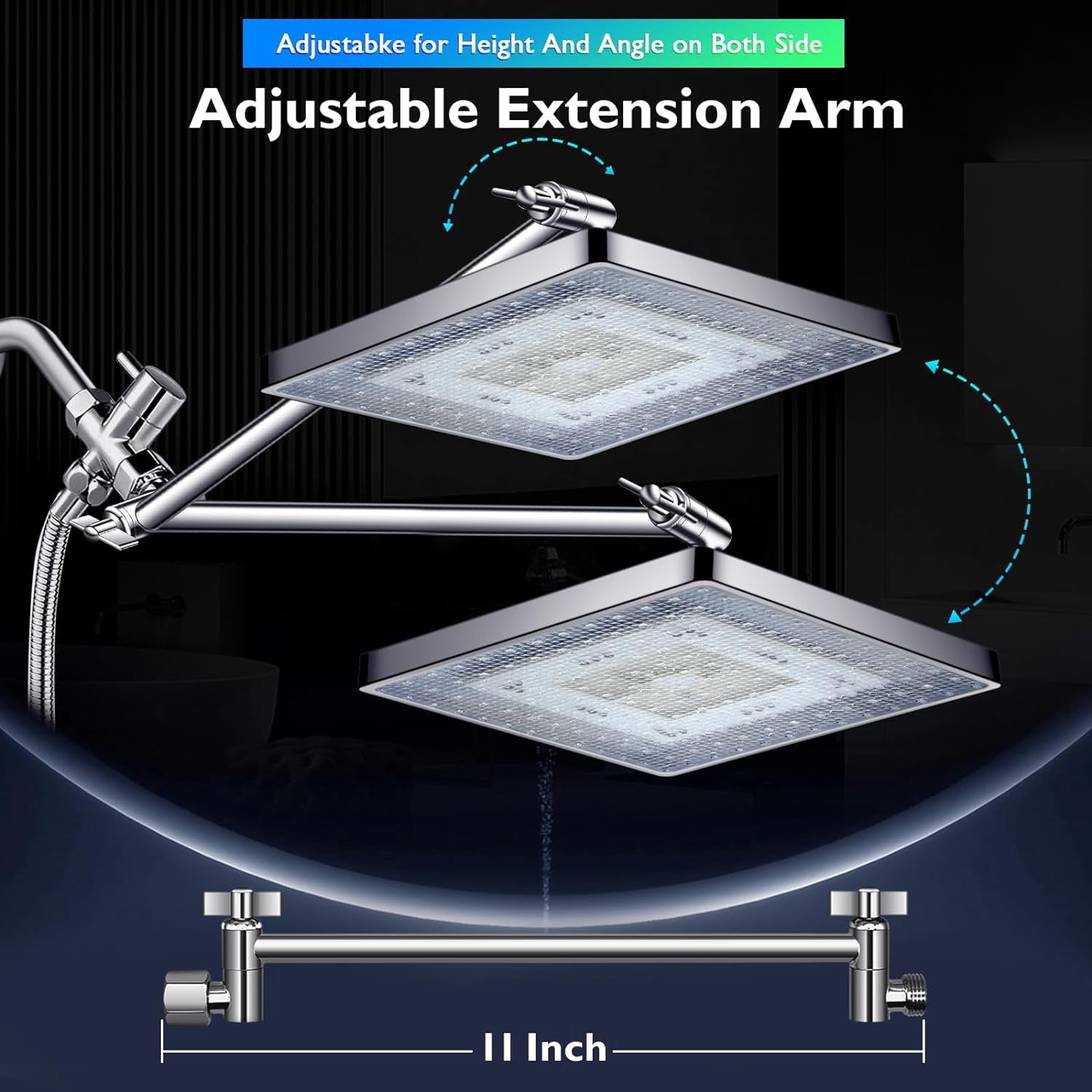 Shower Head, 8'' Dual Rain Shower Head with 11'' Adjustable Extension Arm, 7-Setting High-Pressure Handheld Combo, Rainfall LED Shower Head Water Temperature Controlled Color Changing,Chrome