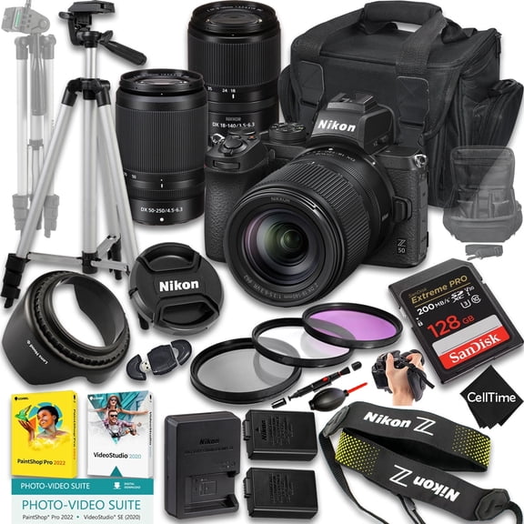 Nikon Z50 Mirrorless Camera with Z DX 18-140mm f/3.5-6.3 VR And 50-250mm f/4.5-6.3 VR Lens   128 GB Memory   Extra Battery   Camera Case   Tripod   More (25pc Bundle) (International Version)