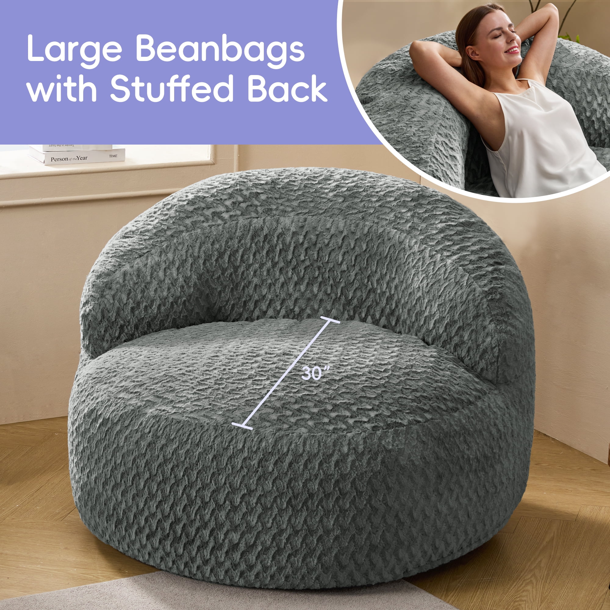 Hobestluk 4FT Bean Bag Chair for Adults with Memory Foam Filler Giant Beanbag with Faux Fur Cover for Bedroom (Chevron Grey,Oversize)