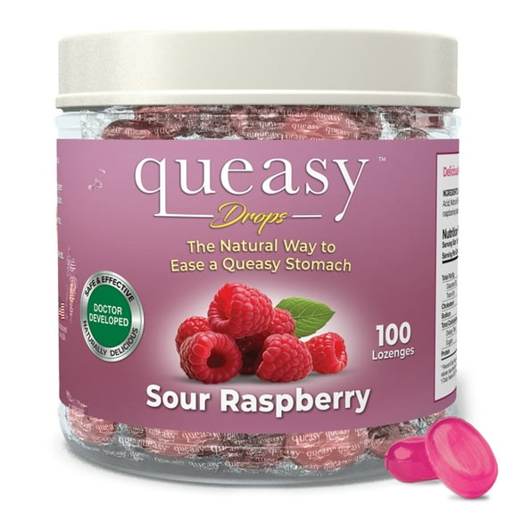 Three Lollies Queasy Drops Sugar Free - Natural Sour Raspberry Flavor - Ease Chemotherapy Nausea & Travel Sickness - Alleviates a Dry Mouth - Natural Ingredients - 100 ct