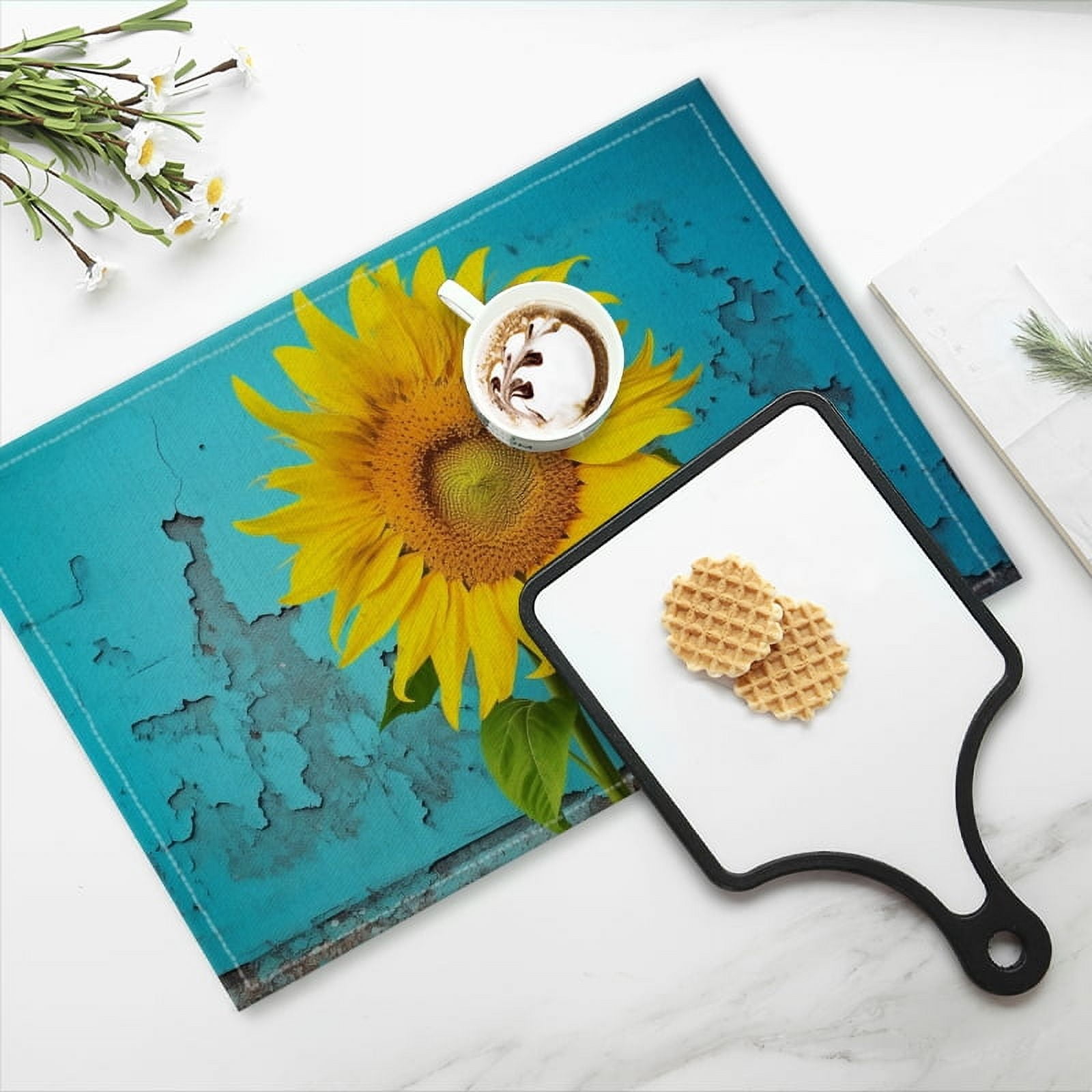 BaHomeck placemats Set of 4 Yellow Sunflower On Old Teal Wall Cotton Linen rectangle Placemats for Kitchen Dining Table Indoor,Outdoor,18*12inch