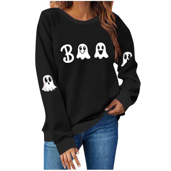 Kezqiaxn Halloween Costumes for Women Fashion Loose Casual Tops Fall Long Sleeve Crewneck Sweatshirts Women's Clothing Black XXL