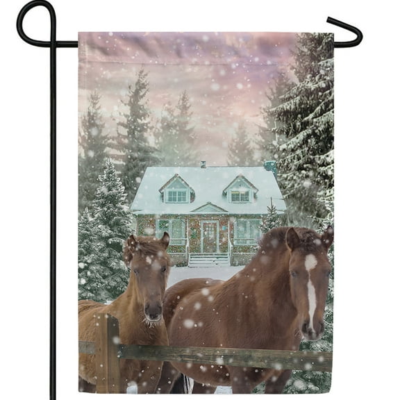 America Forever Horses Winter Greeting Garden Flag, 12.5 x 18 inch Double Sided, Two Horses Wooden Fence House, Snowy Pine Trees Scene, Country Winter Banner, Peaceful Outdoor Decoration
