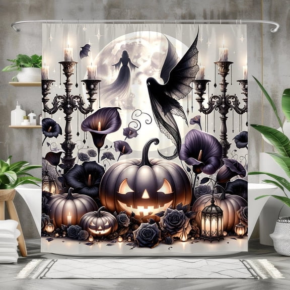 Halloween Bathroom Shower Curtain, Romantic Gothic Bath Décor, Haunted Garden Bath Art, Vintage Halloween Glamour Accents Ghostly Garden Art 60x72in