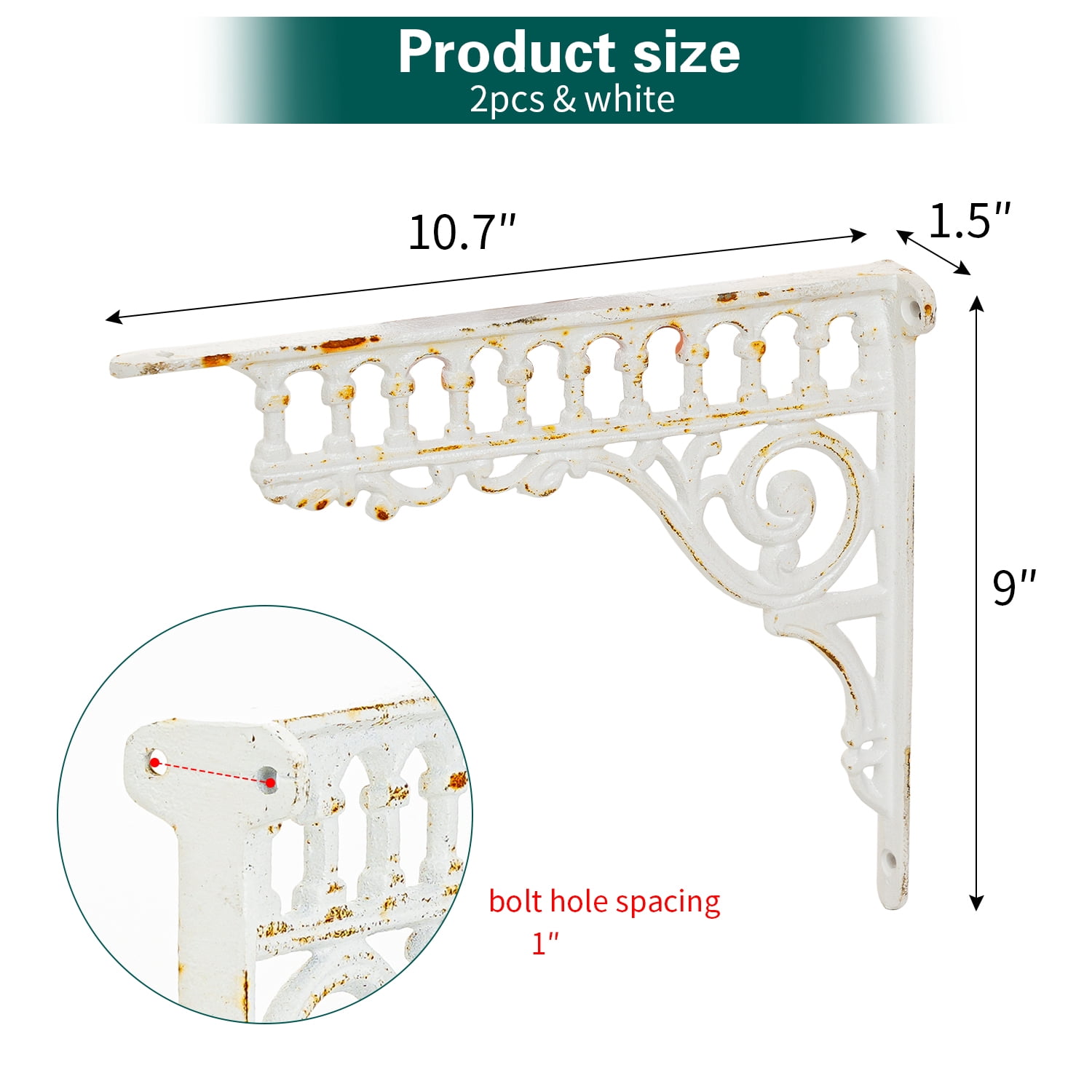Sungmor 10.6 Inch Cast Iron White Brackets for Shelves, 2PC Vintage Decorative Angle Support Doorway Bracket, Shelves Corbels, Wall Mounted Floating Shelf Bracket