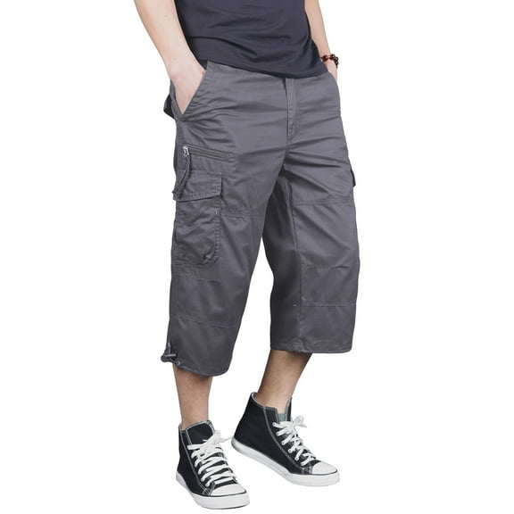 FEDTOSING Men's 3/4 Long Capri Shorts Casual Elastic Waist Cotton Material Cargo Shorts Black