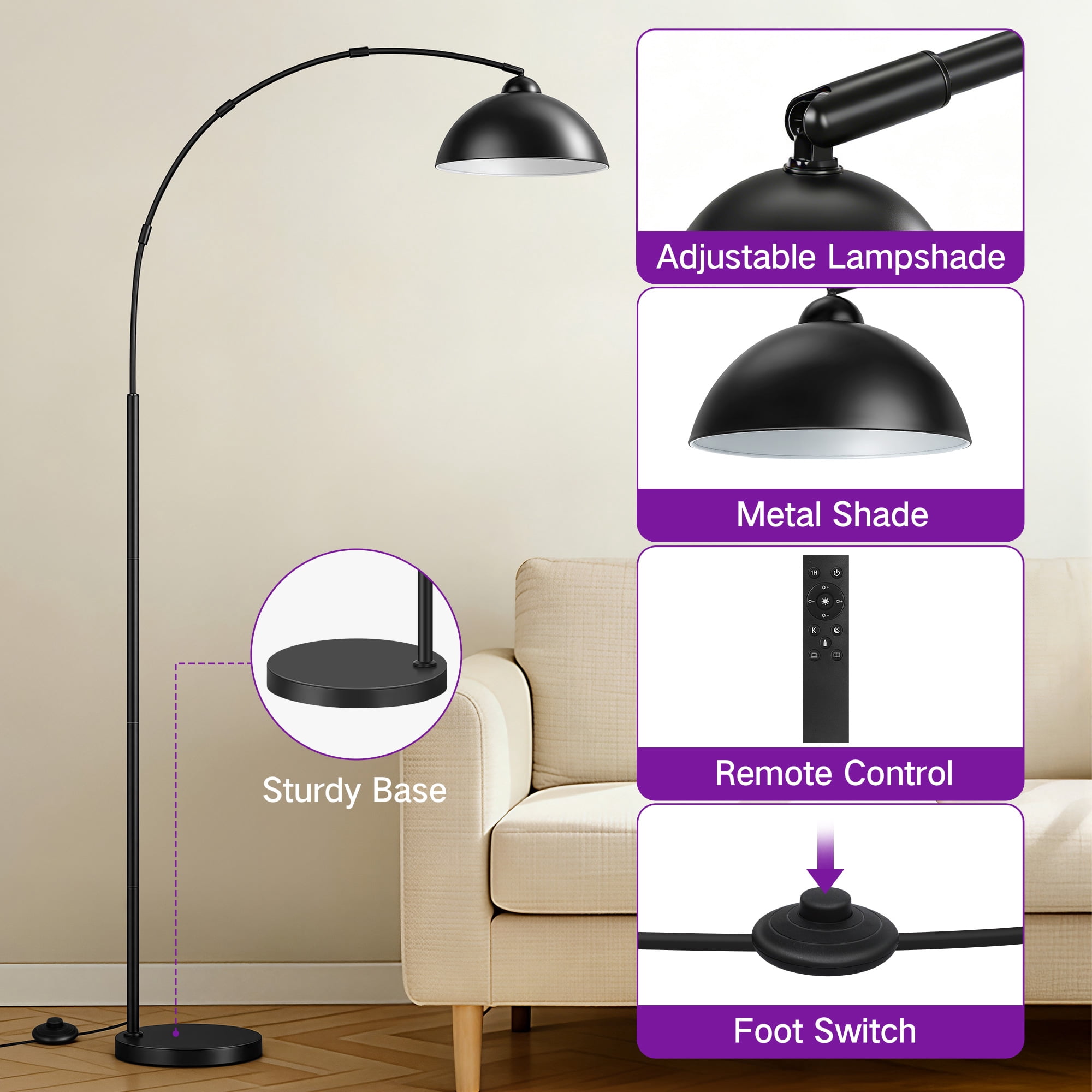 OUTON Arc Floor Lamp with Remote for Living Room, LED Dimmable Modern Standing Lamps with 4 Color Temperatures, Tall Light for Bedroom, Black