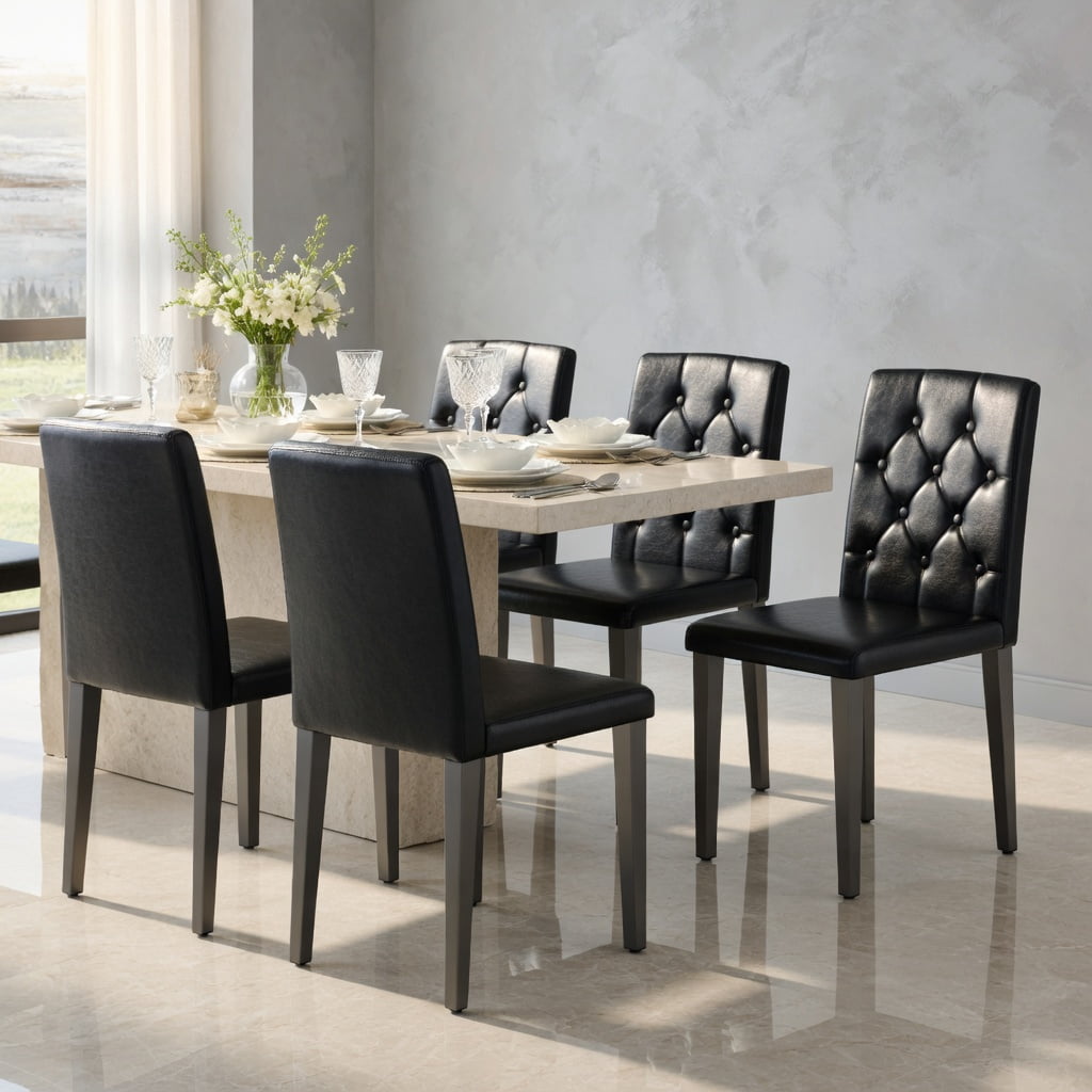 Hommoo 4-Pack PU Leather Dining Chairs with Ergonomic Buckle Backrest, 35-inch Height, Modern Minimalist Design for Dining Room, Hotel & Cafe, Black