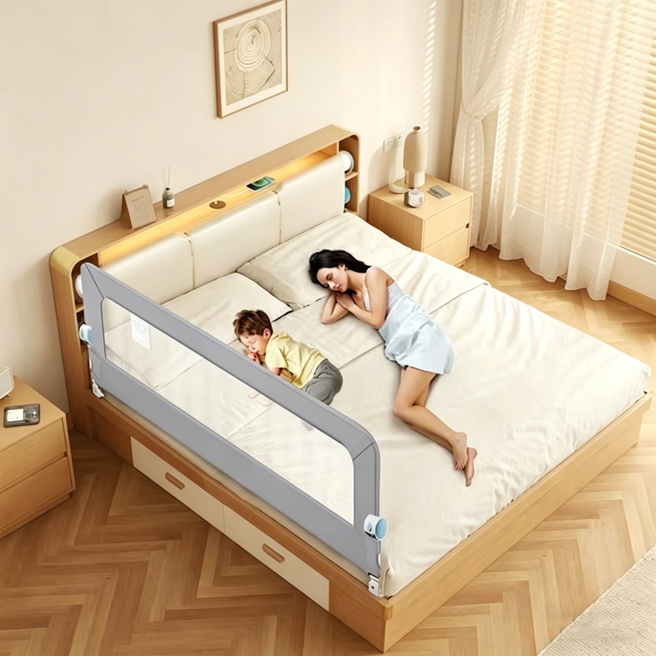 Haelhorneger Toddler Bed Rail, Swing Down Safety Bed Guardrail, Universal Fit for Twin Full Queen Mattresses, Sturdy & Easy Install, White