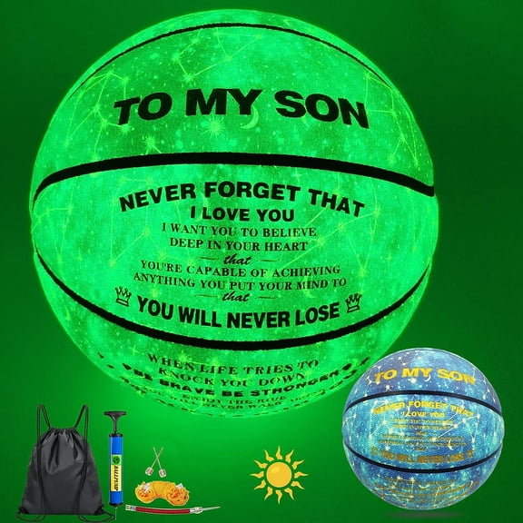 MILACHIC Glow in the Dark Basketball, Personalized to My Son Glowing Basketball Blue Size 7(29.5"), Indoor Outdoor Cool Basketball Gift