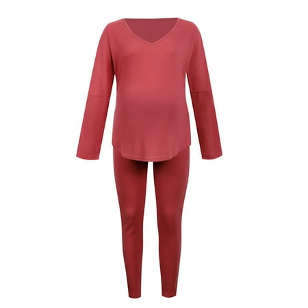 

YWDJ Two Piece Outfits for Women Going out Plus Size Maternity Casual Solid Color V-Neck Long Sleeve Two-Piece Long Pants Suit SetRedL