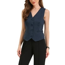 INSPIRE CHIC Women's Vest V Neck Sleeveless Button Down Striped Trendy Waistcoat Casual Outfits L Dark Blue