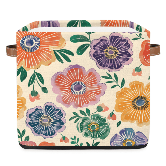 CURLYOOT 13 x 13 Inch Cube Storage Bin, Spring Boho Floral Fabric Storage Cube Baskets, Closet Shelves Foldable Bins with Leather Handles for Home Organizer