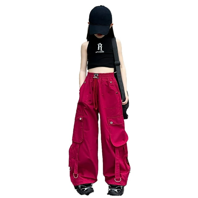XDZJLR Pantalon Cargo Fille Taille Haute Jambe Grand Joggers pour Danse Décontractée et Activités de Plein Air Bas Rouge 12-13 Ans