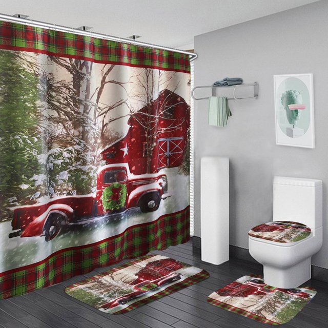 PATIO 4 Pieces Set 3D Digital Printing High-Density Merry Christmas Theme Pattern Shower Curtain Set Bathroom Floor Mat Base Mat Toilet Mat Home Holiday Decoration Bathroom Accessories Ch