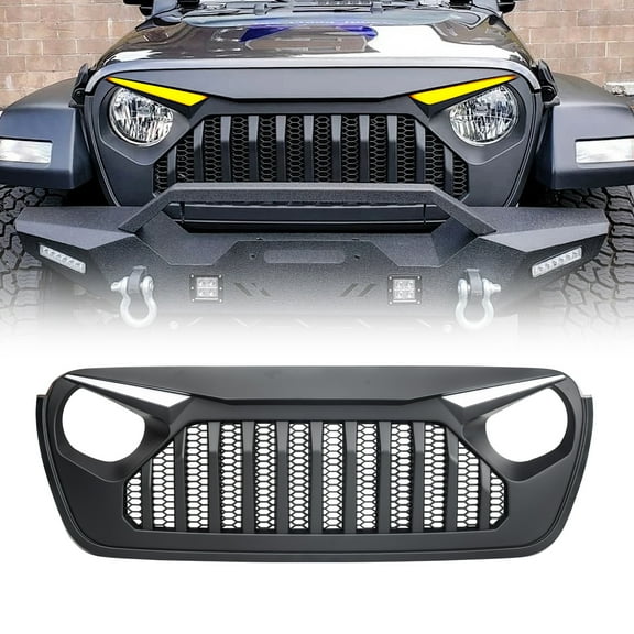 American Modified Matte Black ABS Front Vader Grille with LED Eyebrow DRL for Jeep Wrangler JL & Gladiator JT