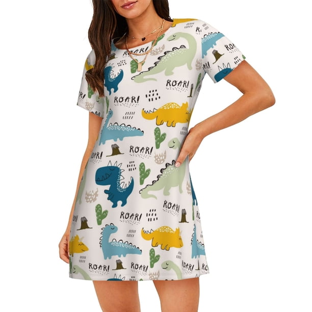Fotbe Childish Dinosaur Bata de Dormir para Mujer con Estampado, Camisón de Algodón de Manga Corta, Ropa de Dormir Casual