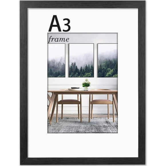 A3 Picture Frame, A3 Frame with Plexiglass and Mount, Picture Frames for Only Wall Mount, Solid Wood, Black, Pack of 1