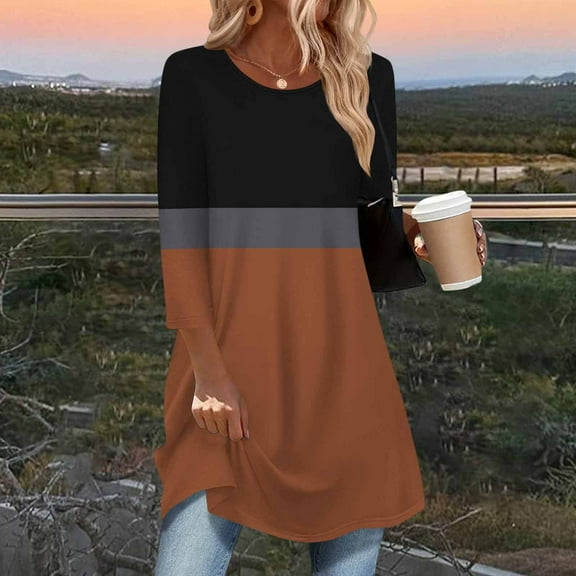 Sakmal Dressy Casual Blouse Tops for Women Tunic Brown Shirts 3/4 Sleeve Crew Neck Color Block Tops for Women