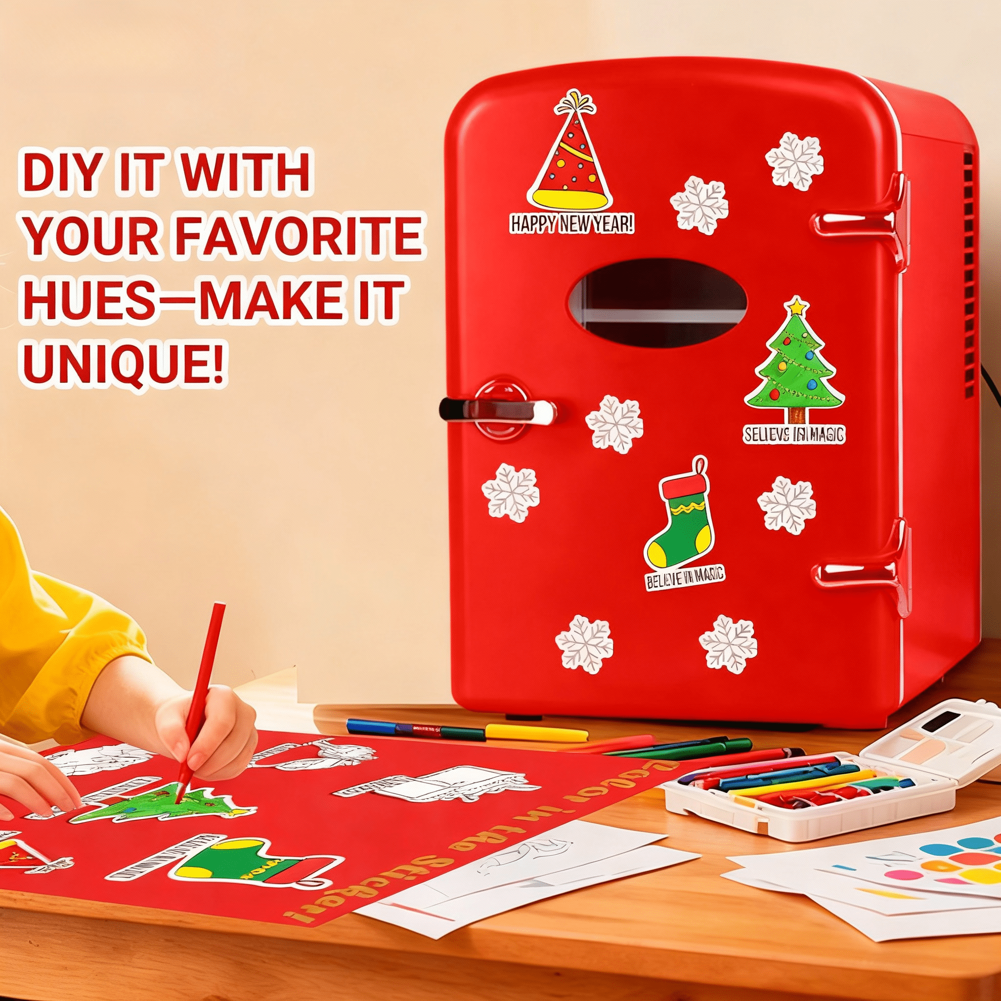 QUIOCOZY Red 4L/6 Can Mini Fridge - Portable Cooler & Warmer with Window, Freon-Free Aesthetic Fridge for Skincare/Beverage - Perfect Thanksgiving, Christmas & New Year Gift with Stickers