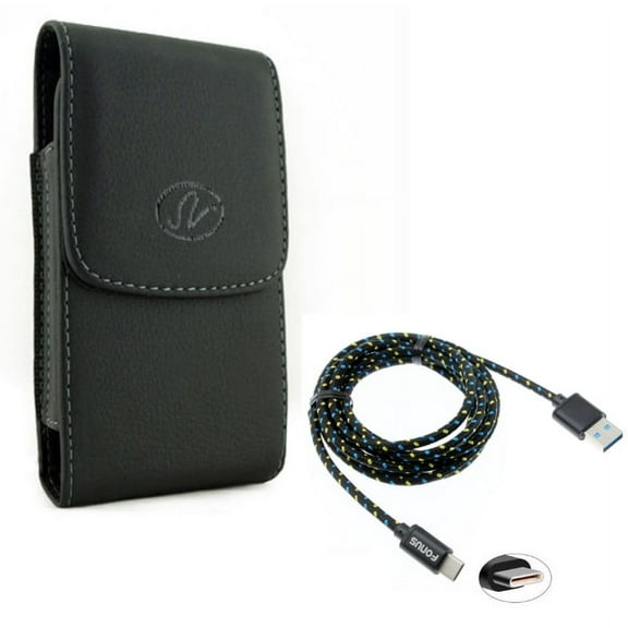 Black Vertical Leather Phone Case Cover Pouch w Braided Black 6ft Long Type-C Cable Rapid Charge USB Wire Sync J5M for LG V35 ThinQ, Stylo 4 Plus - Motorola Moto Z4 Z3 Play Z2 Play